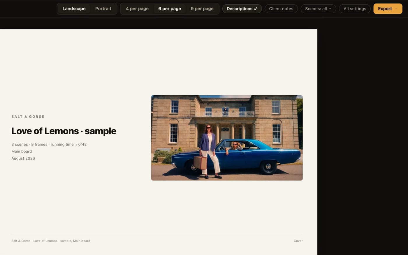 The exporter: landscape or portrait, frames per page, and the Export menu with PDF, slides and CSV