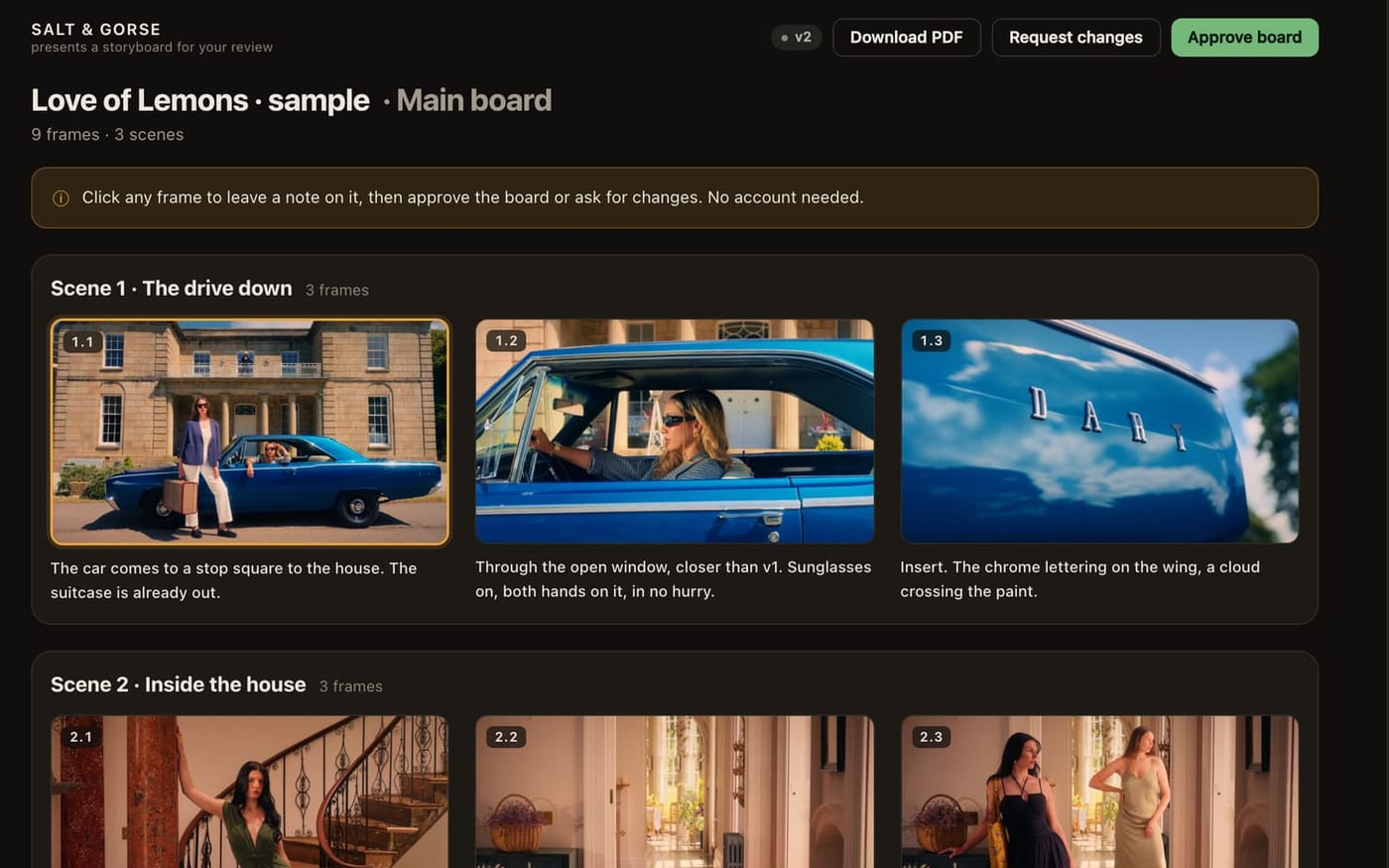 The client review page: the board full width, numbered notes, one resolved with its Done tick