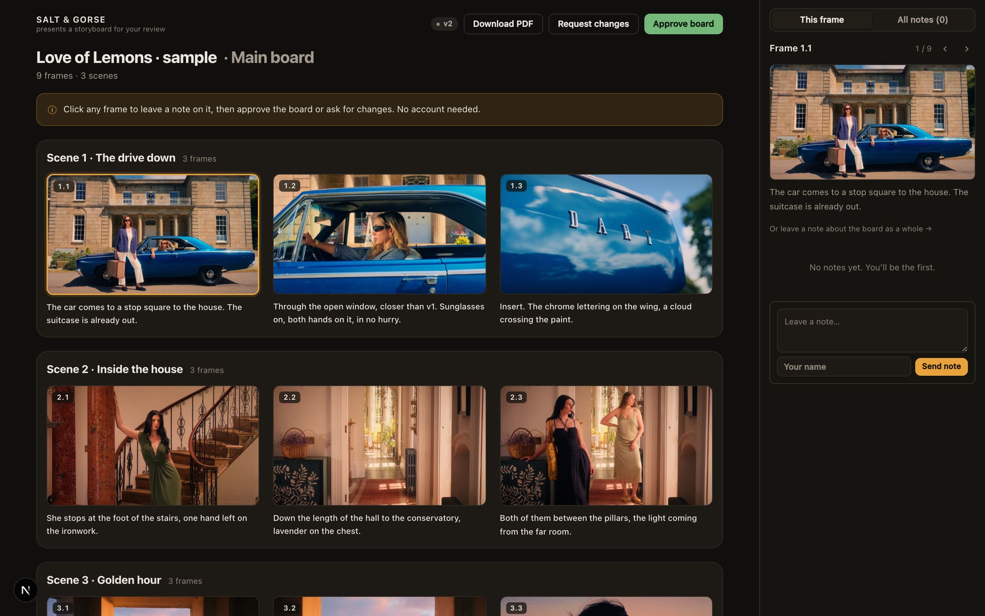 The client's review page: the board full width with numbered notes and an approval