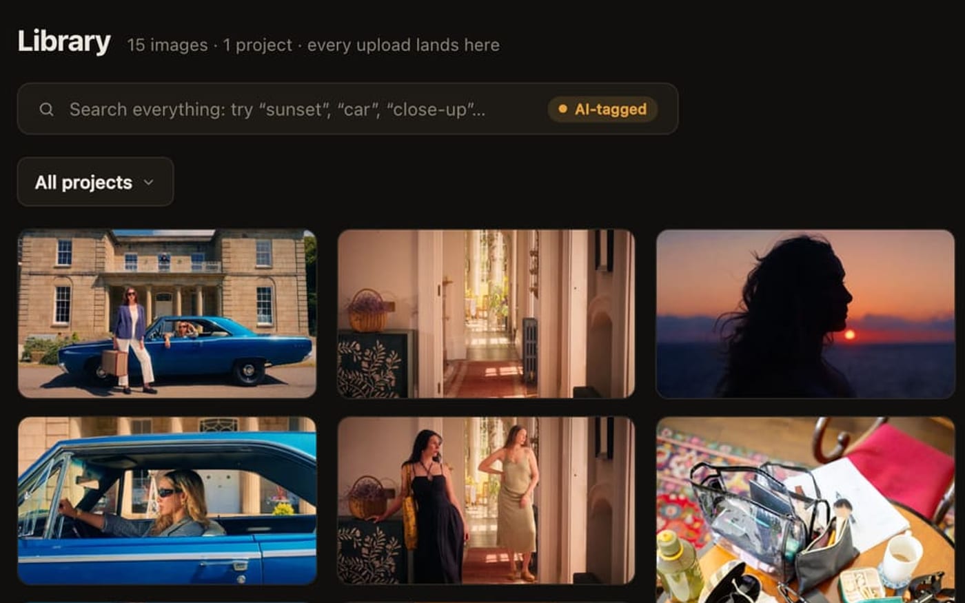 The library: every image in the workspace, searchable by what the picture shows