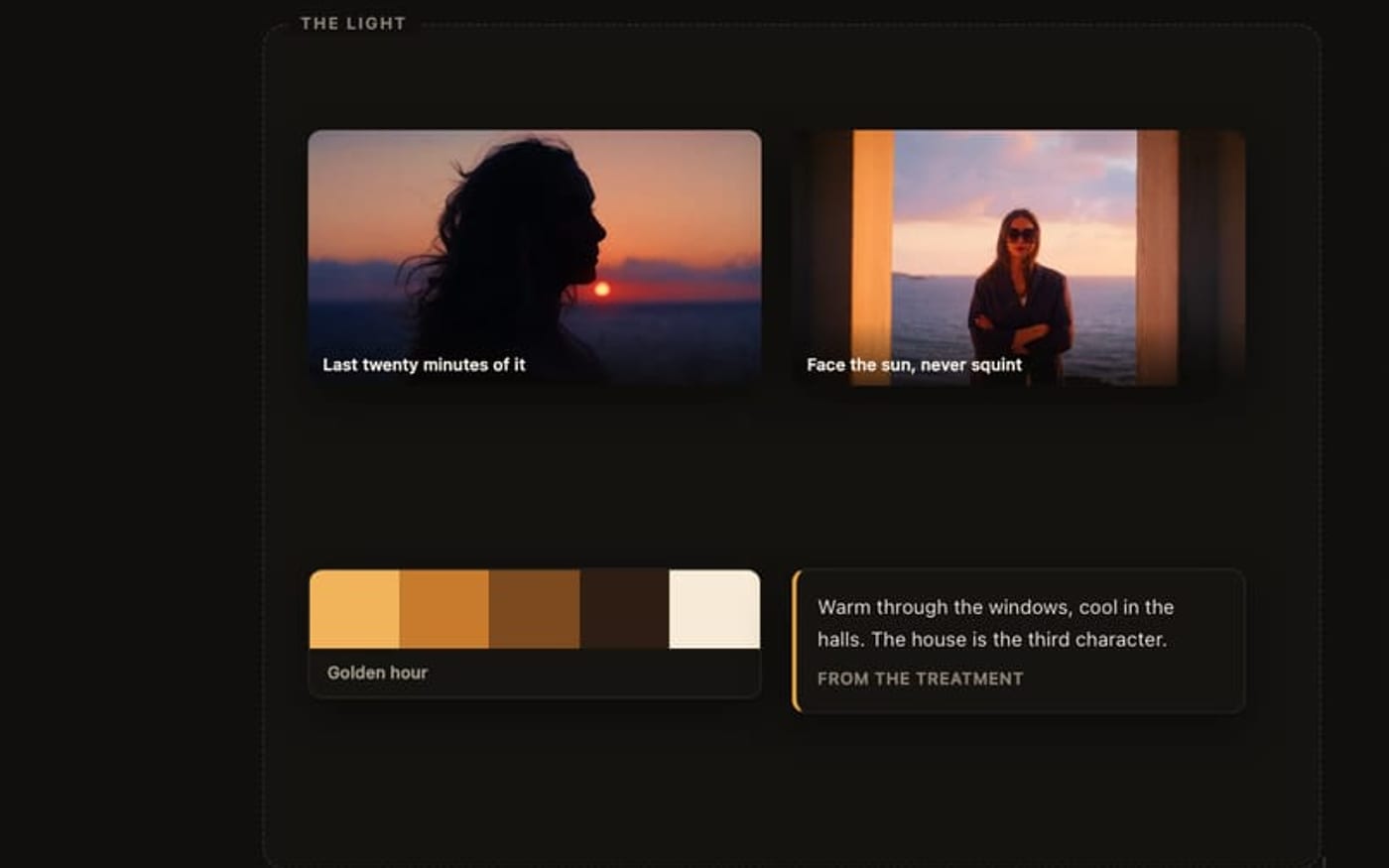 The moodboard canvas: zones, palette and attributed notes over the campaign's stills