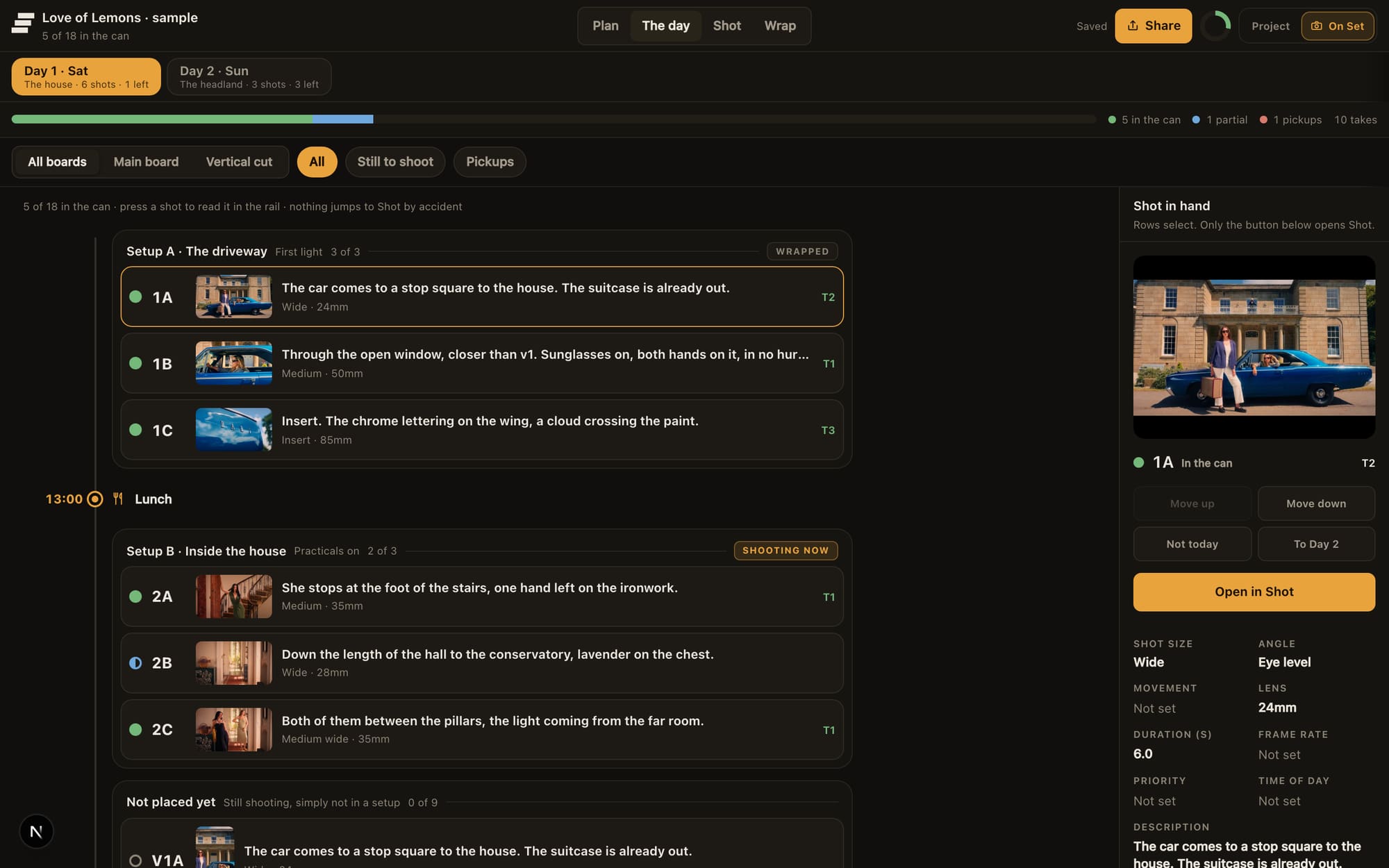 The day: setups with status dots, a wrapped setup, one shooting now, and the day's progress bar