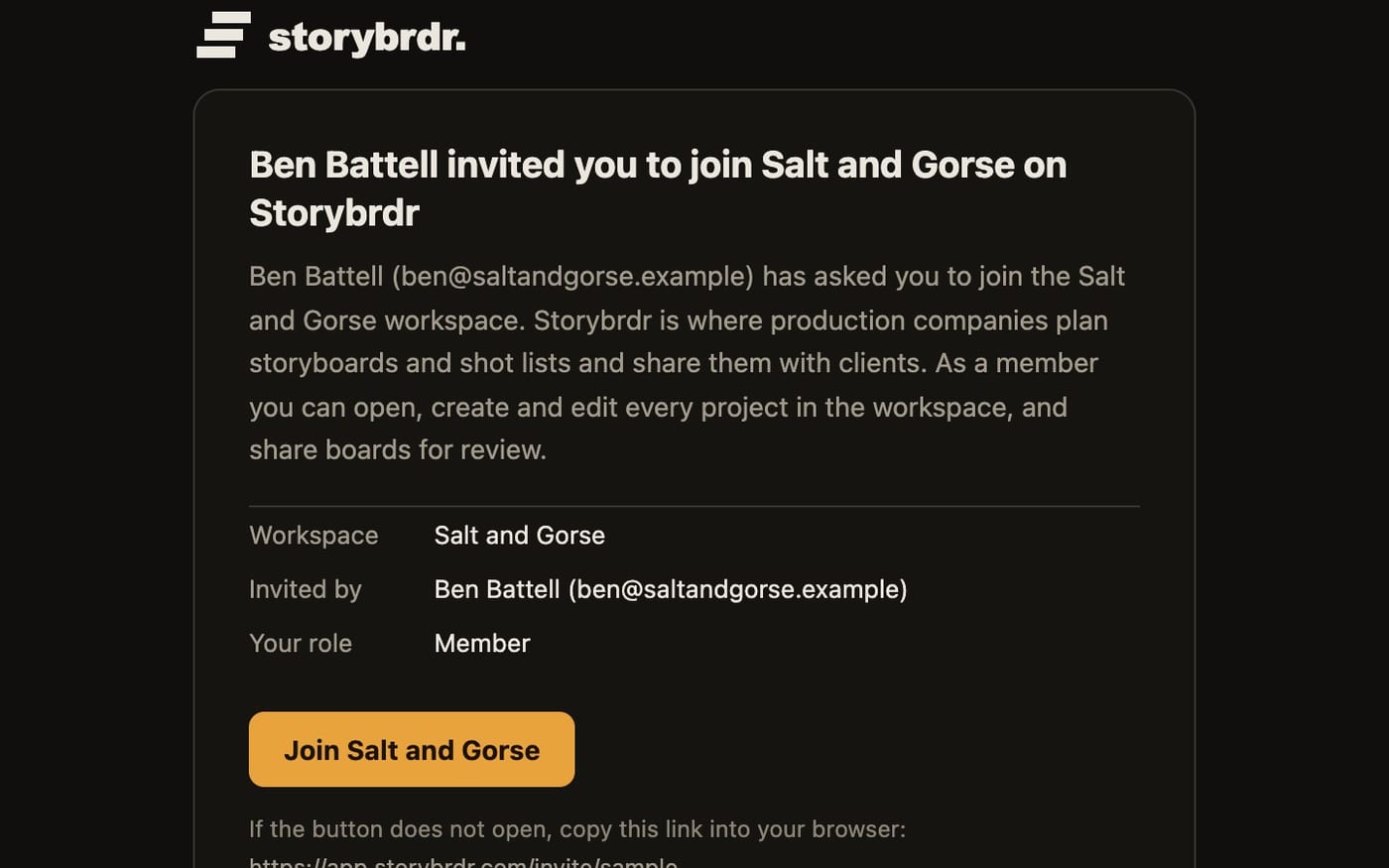 The invitation email: who invited them, the workspace, their role, and one button to join
