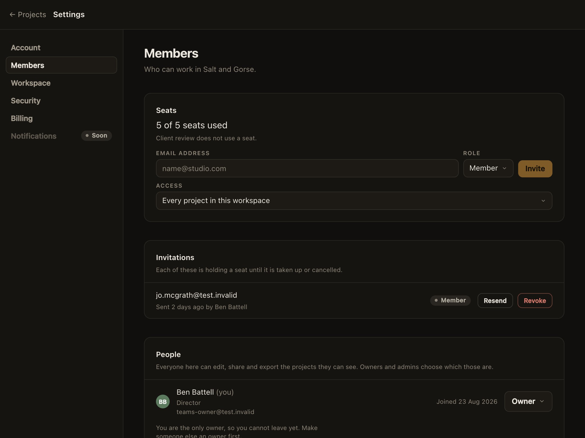 The members screen at iPad width: seats, the invitation row, the waiting invitation and the people list