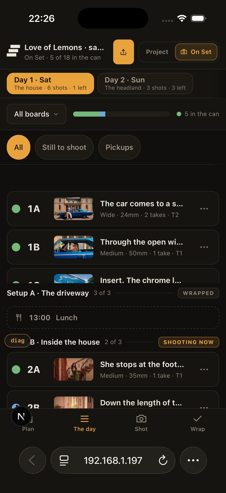 The day on a phone: shots in shooting order, each with its approved frame and status