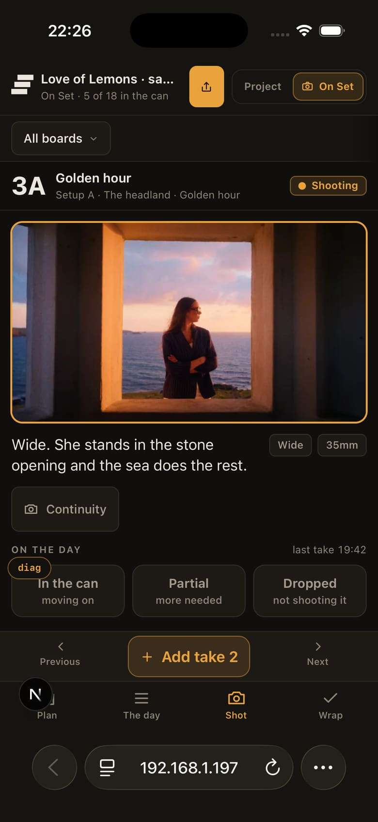Shot on a phone: the frame edge to edge, status buttons and Add take under the thumb